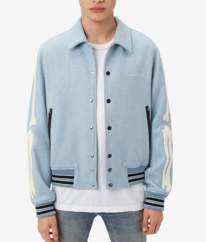 Mens Baby Blue Bone Design Varsity Jacket