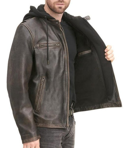 Men's Distressed Black Hooded Cafe Racer Leather Jacket