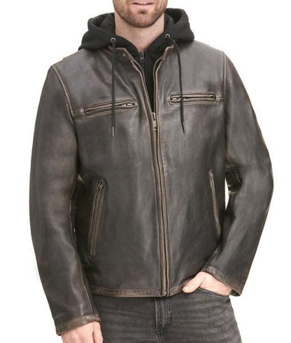 Men's Distressed Black Hooded Cafe Racer Leather Jacket