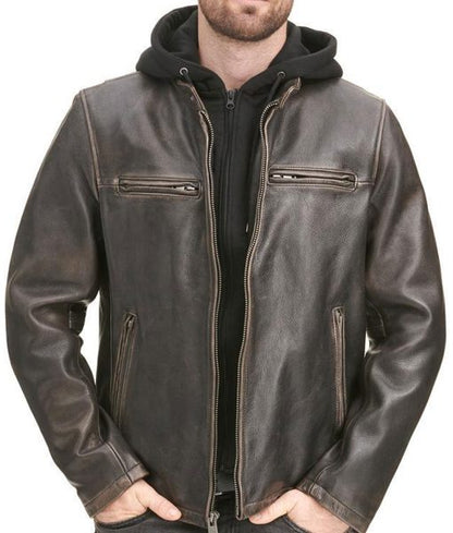 Men's Distressed Black Hooded Cafe Racer Leather Jacket