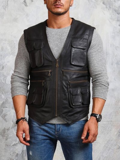 Black Real Leather Vest For Mens