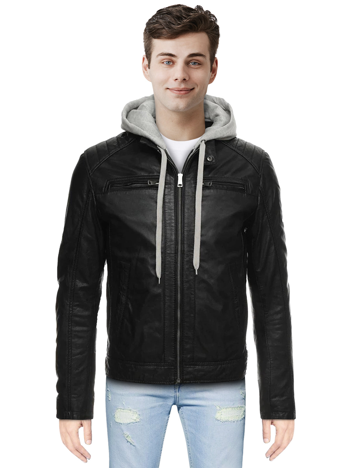 Men Black Hood Leather Jacket