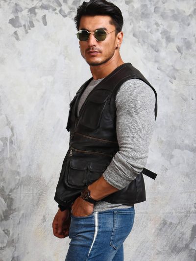 Black Real Leather Vest For Mens