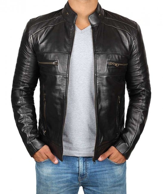 Men's Black Real Leather Cafe Racer Jacket - Frozva