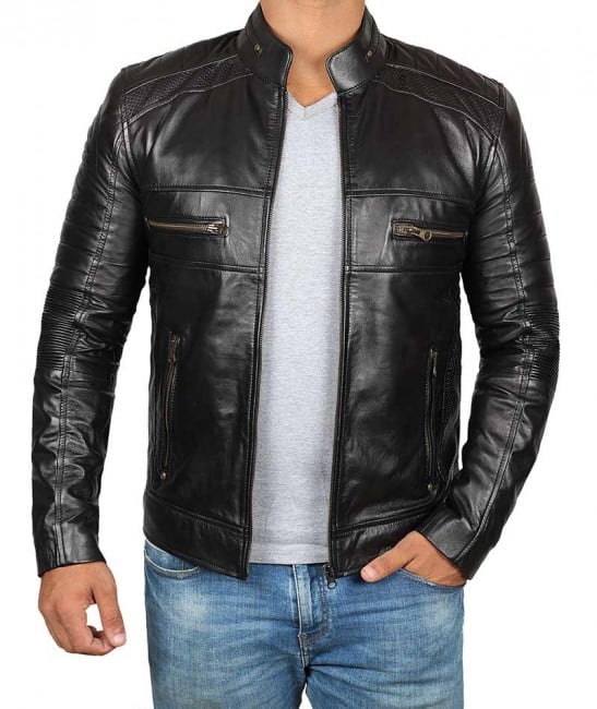 Men's Black Real Leather Cafe Racer Jacket - Frozva