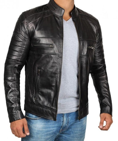 Men's Black Real Leather Cafe Racer Jacket - Frozva