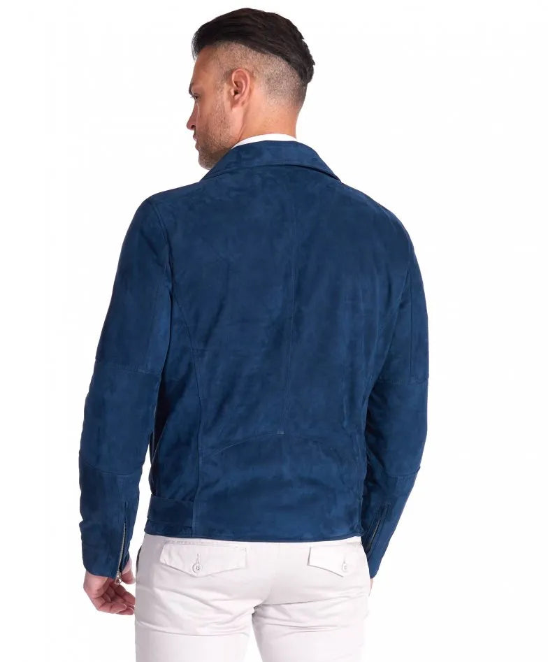 Genuine Blue Motorcycle Suede Leather Jacket for Men