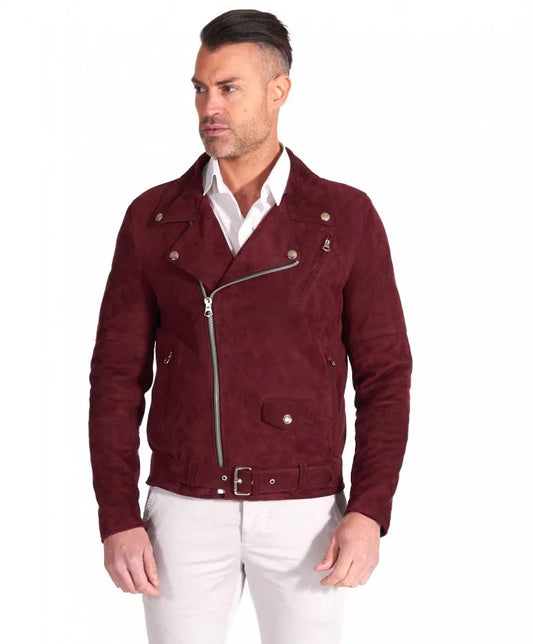 Genuine Red Suede Leather Moto Jacket for Men