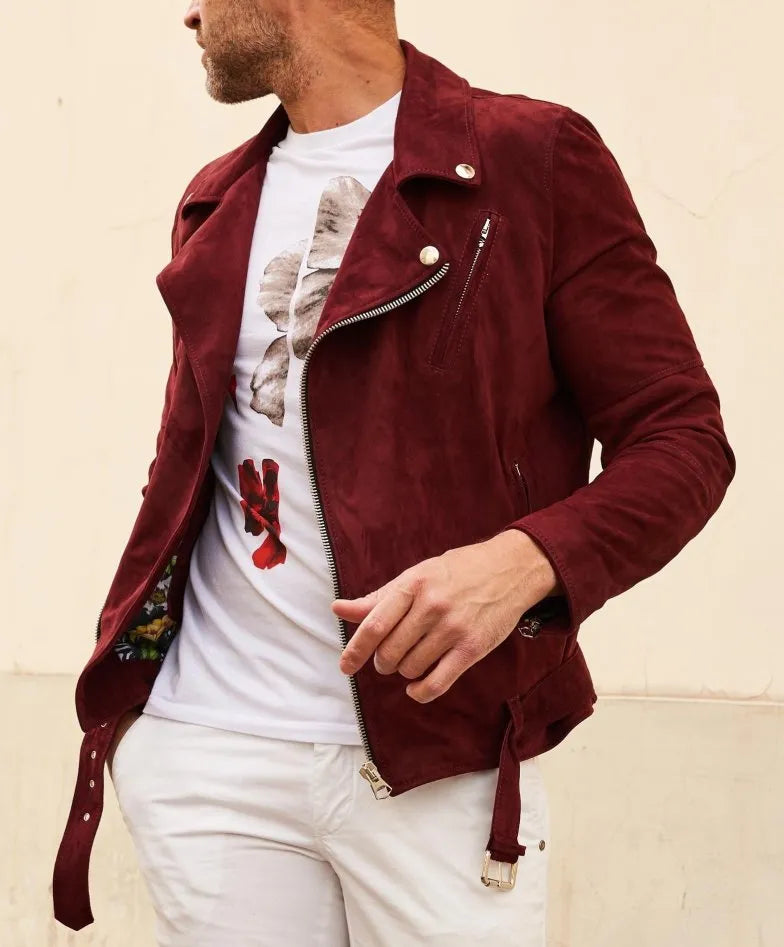 Genuine Red Suede Leather Moto Jacket for Men