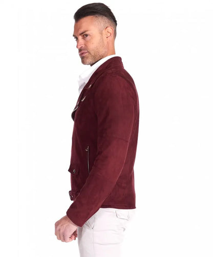 Genuine Red Suede Leather Moto Jacket for Men