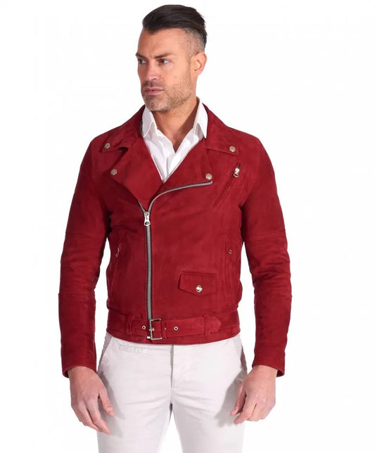 Genuine Red Motorcycle Suede Leather Jacket for Men