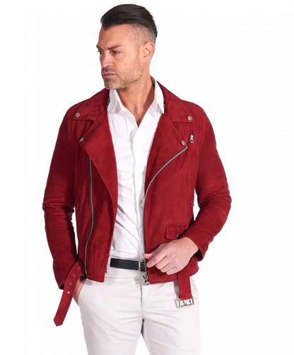 Genuine Red Motorcycle Suede Leather Jacket for Men