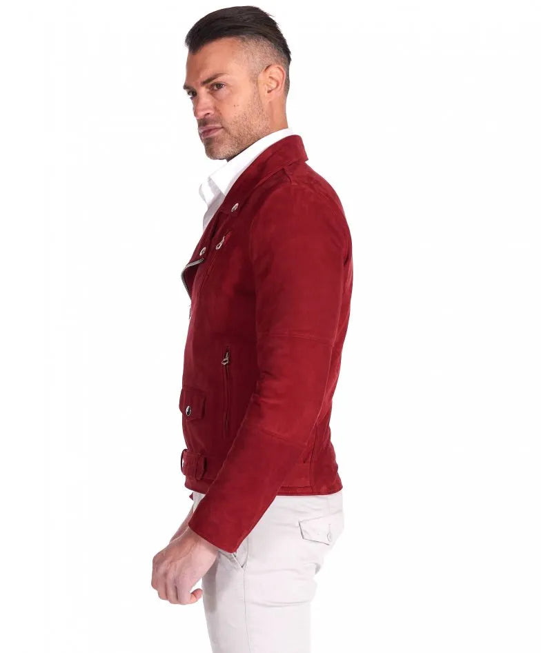 Genuine Red Motorcycle Suede Leather Jacket for Men