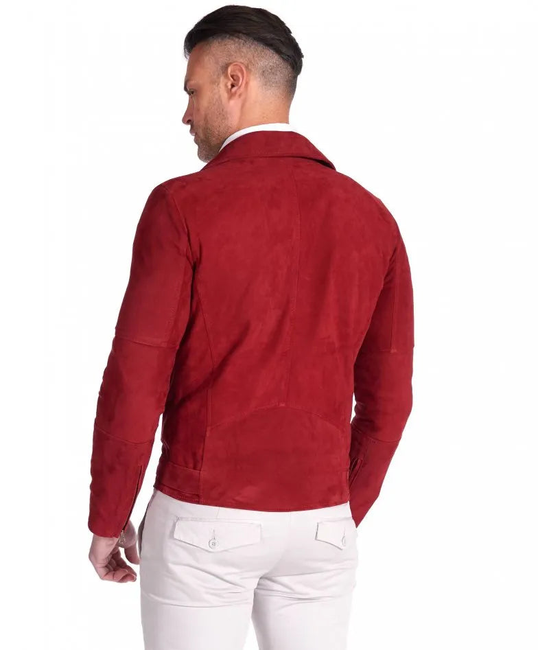 Genuine Red Motorcycle Suede Leather Jacket for Men