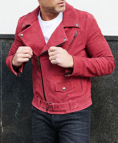 Genuine Red Suede Leather Jacket for Men