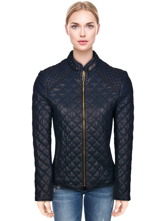 Women Navy Quilted Leather Jacket