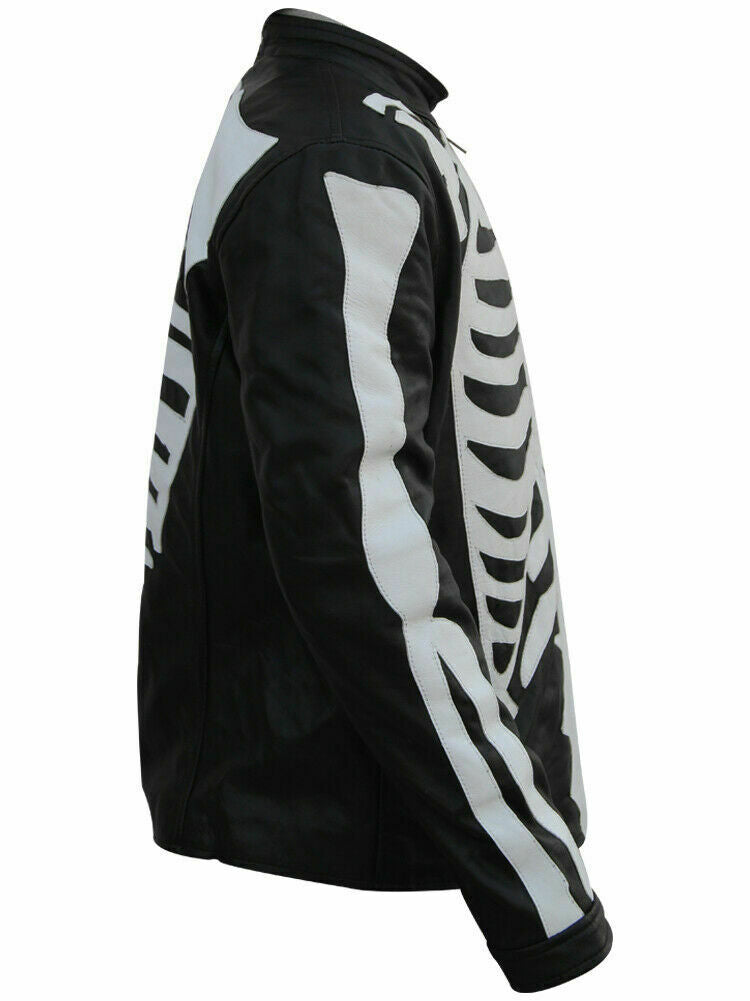 Mens Motorcycle Biker Skeleton Bones Leather Jacket