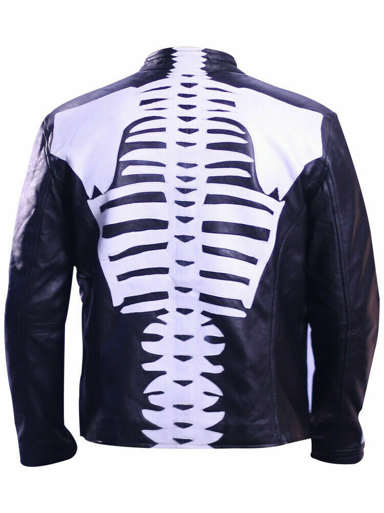 Mens Motorcycle Biker Skeleton Bones Leather Jacket