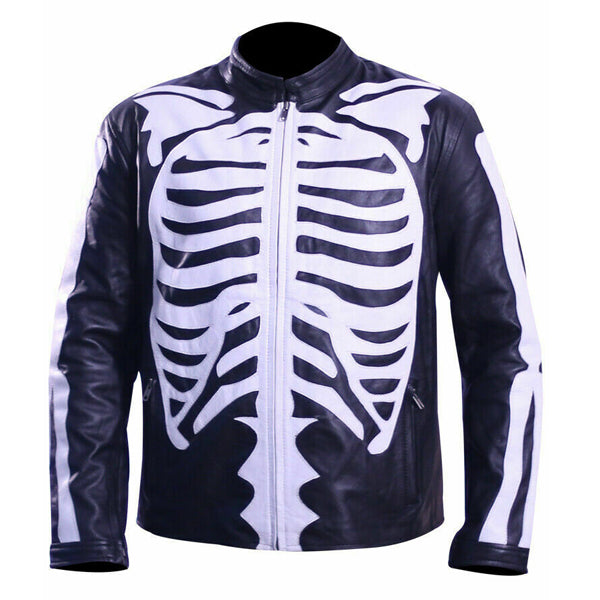 Mens Motorcycle Biker Skeleton Bones Leather Jacket