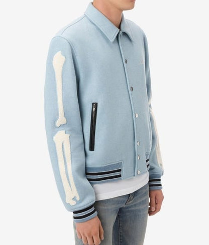 Mens Baby Blue Bone Design Varsity Jacket