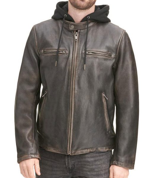 Men's Distressed Black Hooded Cafe Racer Leather Jacket