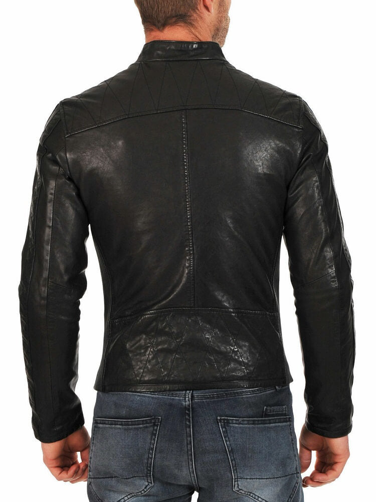 Men’s Snap Button Asymmetrical Zipper Motorcycle Black Leather Jacket