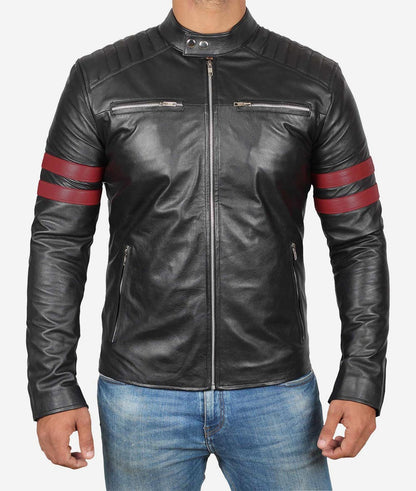 Mens Black Quilted Red Stripe Cafe Racer Leather Motorcycle Jacket