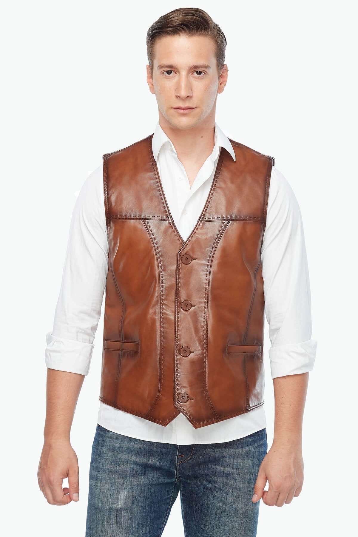 Pointed Tan Genuine Leather Vest – Frozva