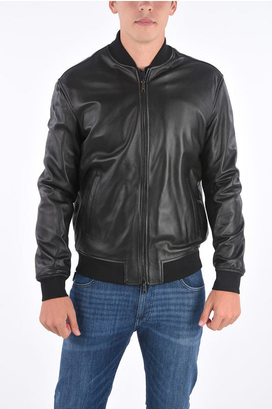 Leather Full Zip Bomber Black Jacket - Frozva