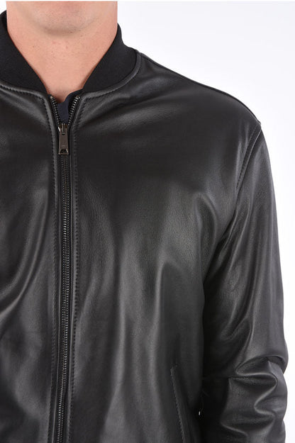 Leather Full Zip Bomber Black Jacket - Frozva