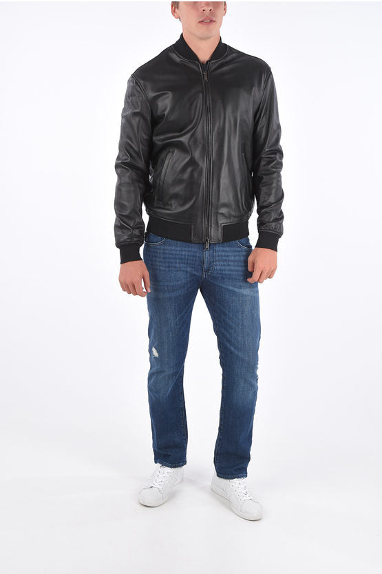 Leather Full Zip Bomber Black Jacket - Frozva