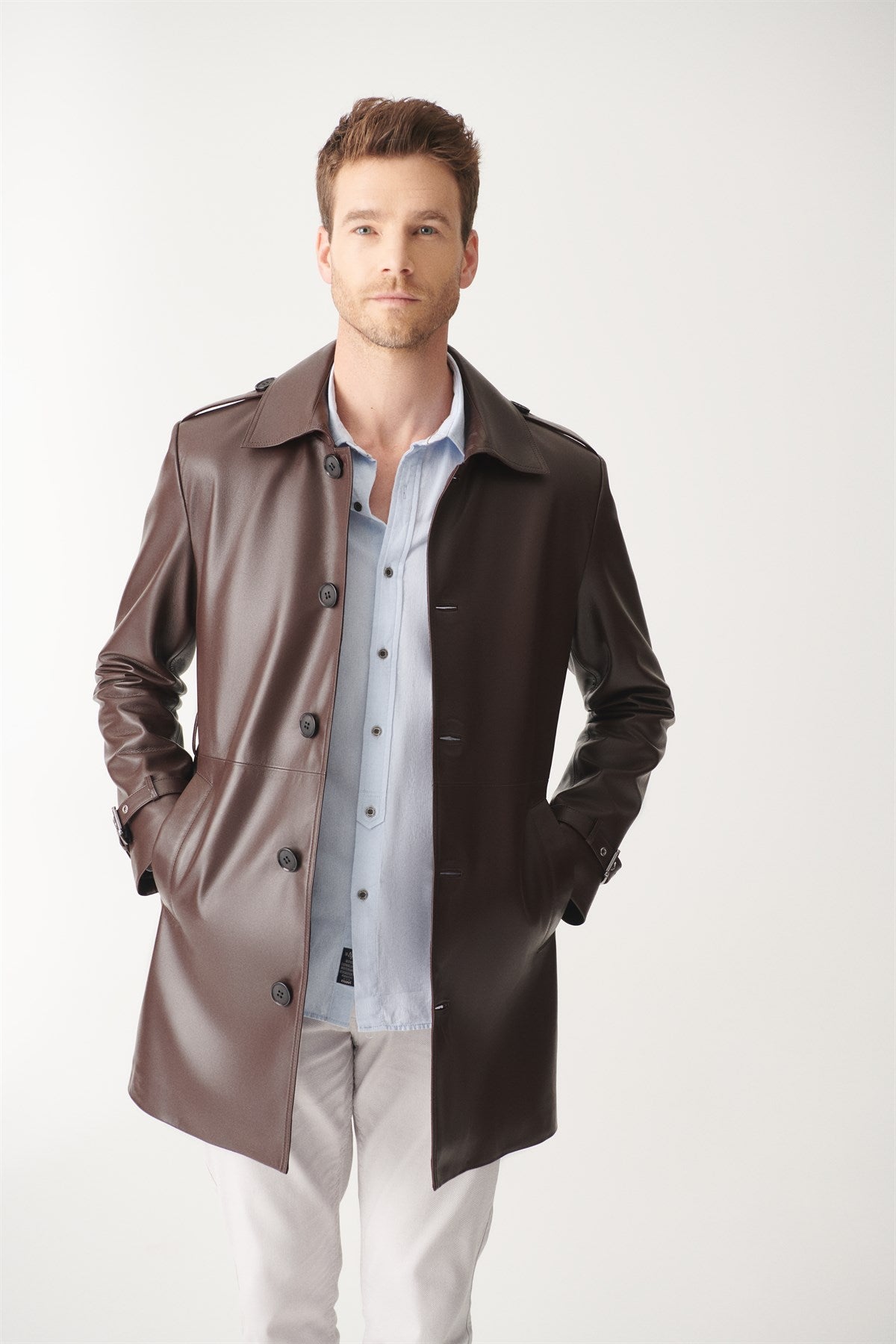 Mens Shiny Brown Mid-Length Leather Coat