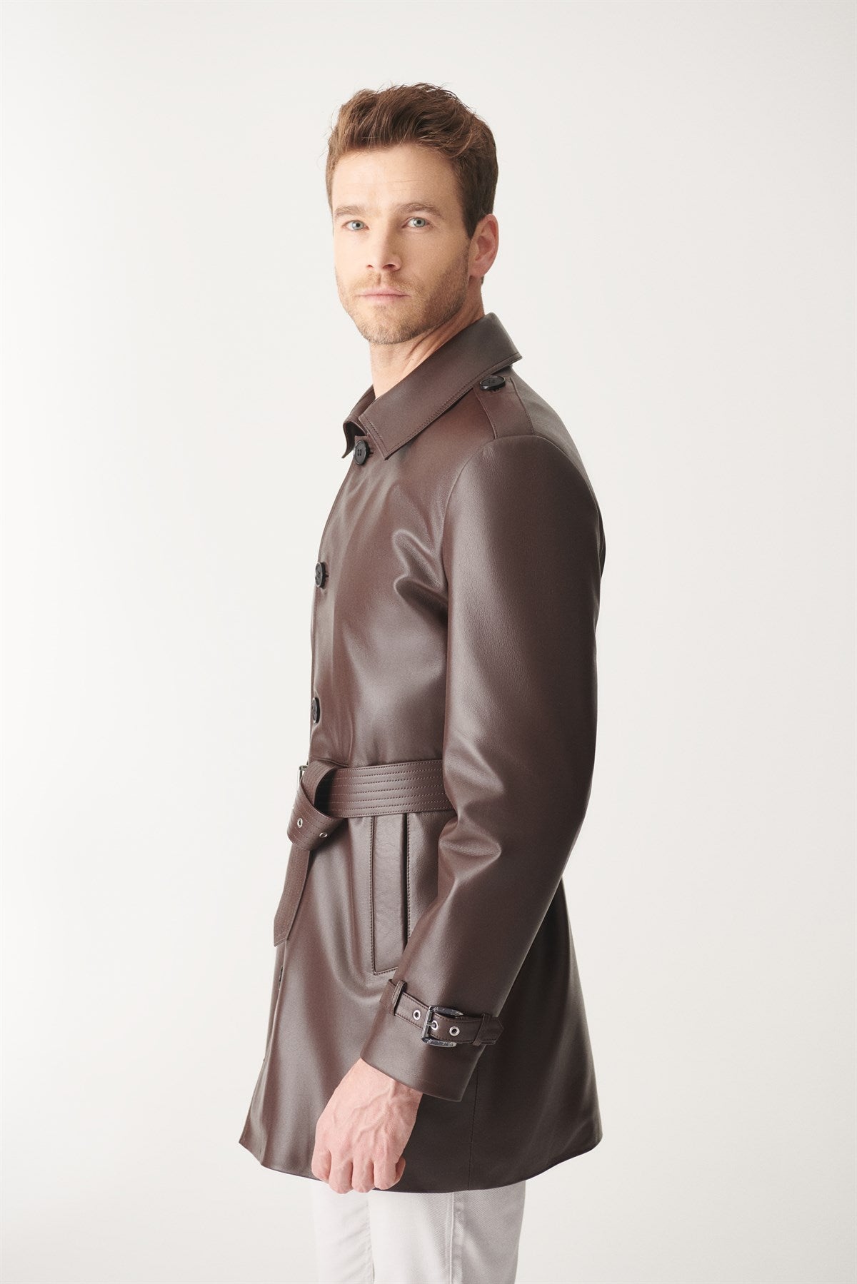 Mens Shiny Brown Mid-Length Leather Coat