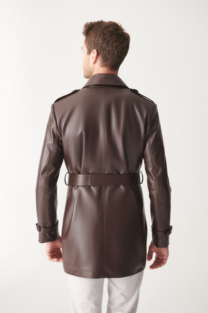 Mens Shiny Brown Mid-Length Leather Coat