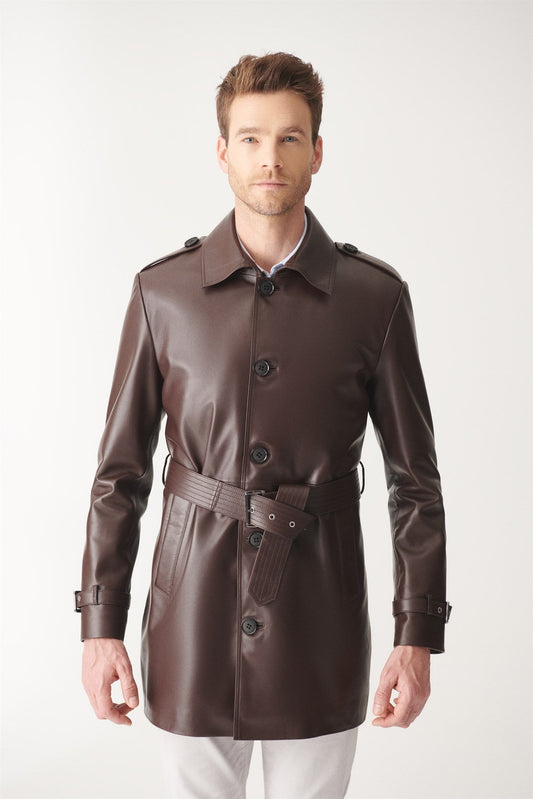 Mens Shiny Brown Mid-Length Leather Coat