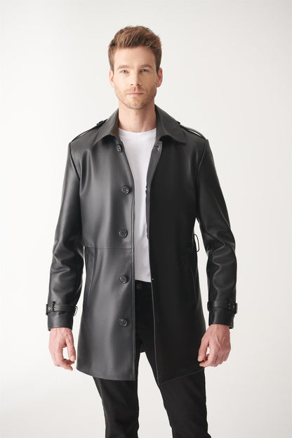 Mens Black Mid-Length Leather Coat