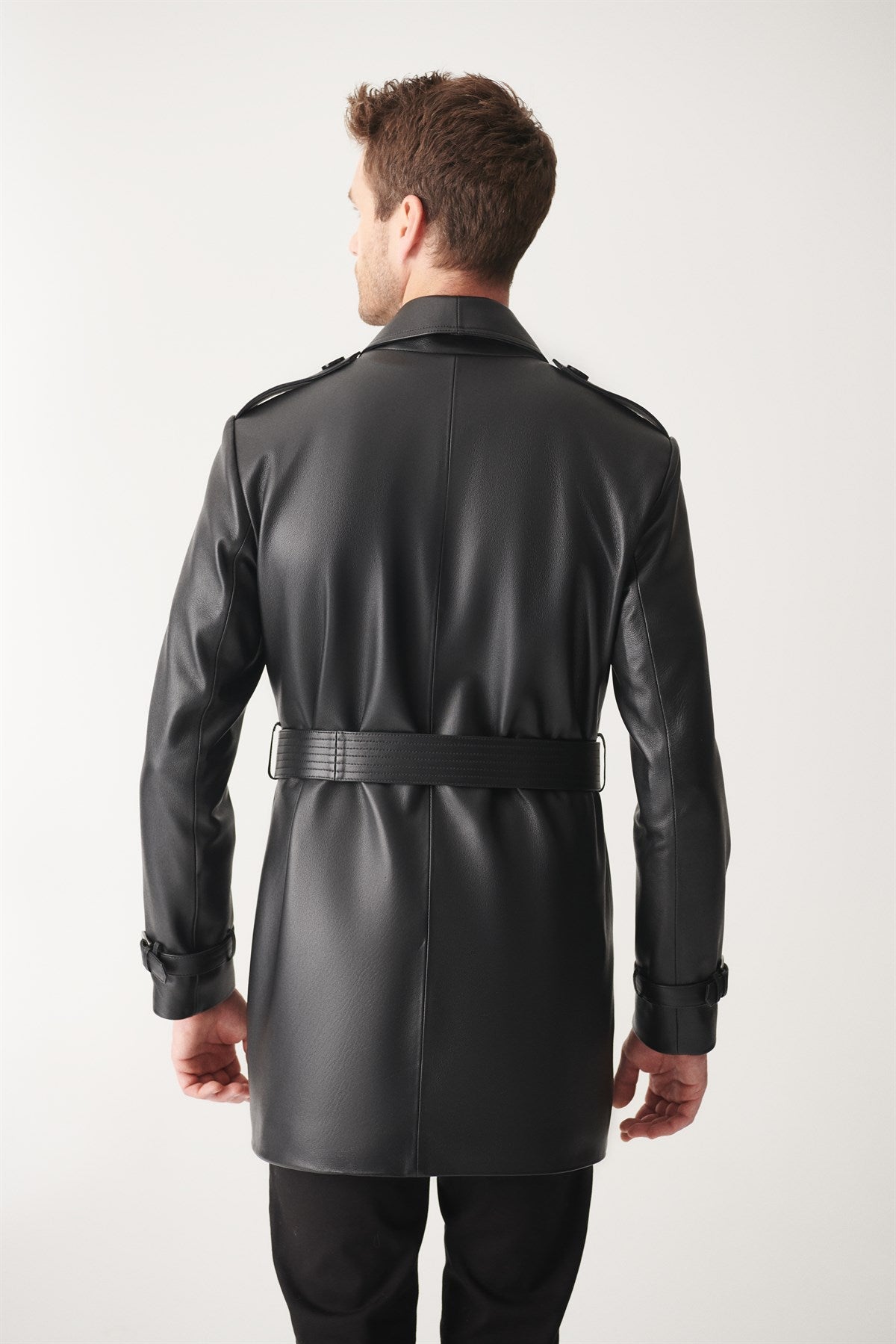 Mens Black Mid-Length Leather Coat