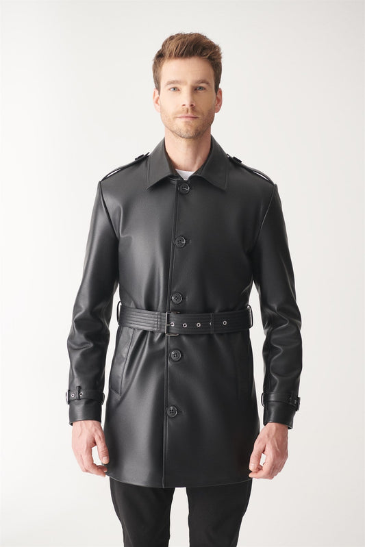 Mens Black Mid-Length Leather Coat