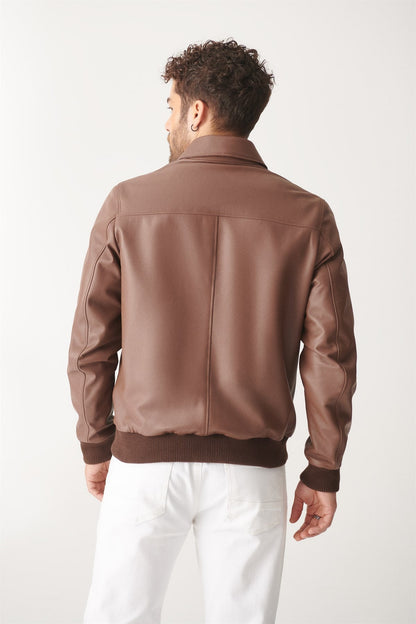 Classic Brown Bomber Leather Jacket for Men - Frozva