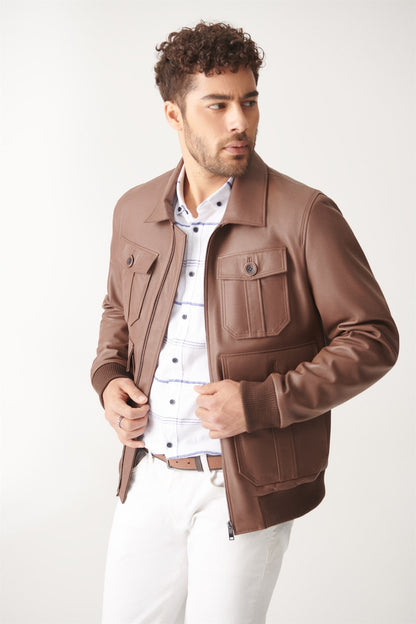 Classic Brown Bomber Leather Jacket for Men - Frozva