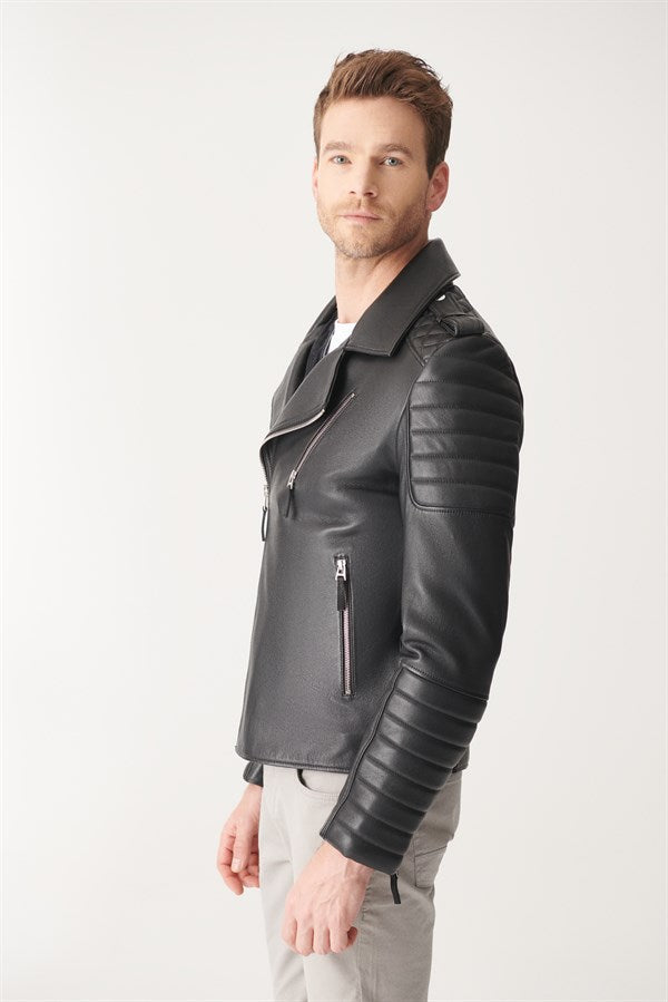 Mens Quilted Charcoal Black Biker Leather Jacket