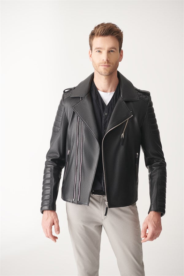 Mens Quilted Charcoal Black Biker Leather Jacket