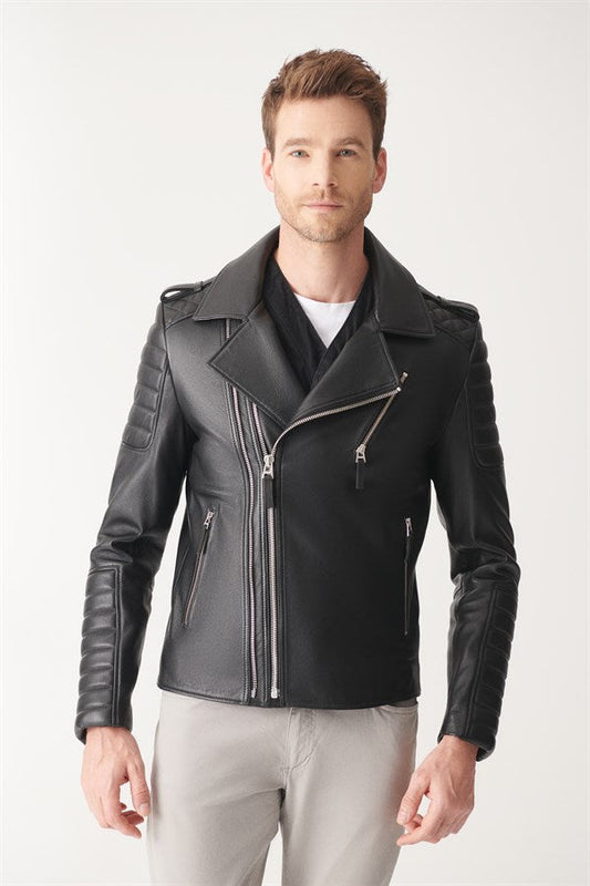 Mens Quilted Charcoal Black Biker Leather Jacket