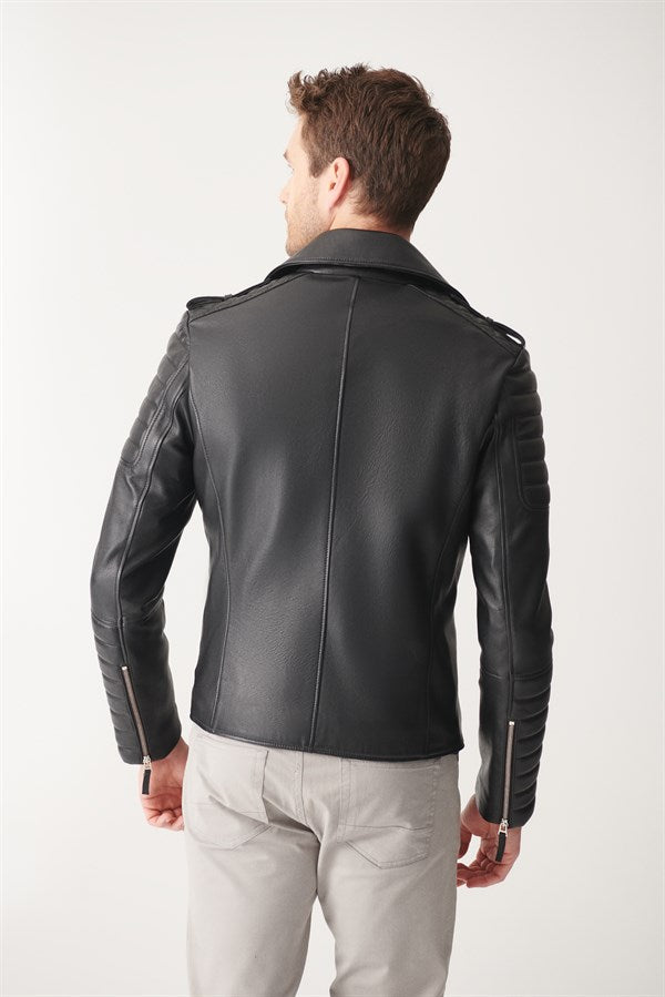 Mens Quilted Charcoal Black Biker Leather Jacket