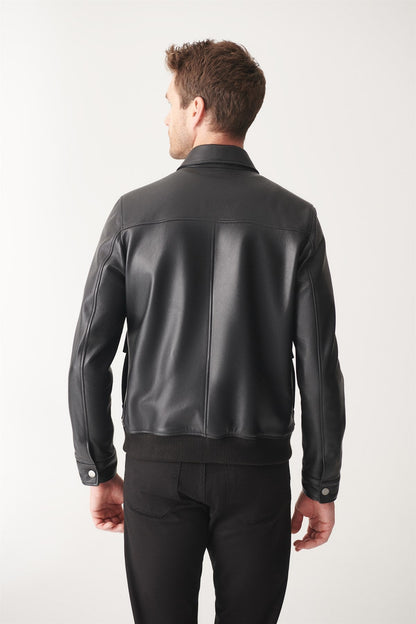 Black Bomber Leather Jacket for Men - Frozva