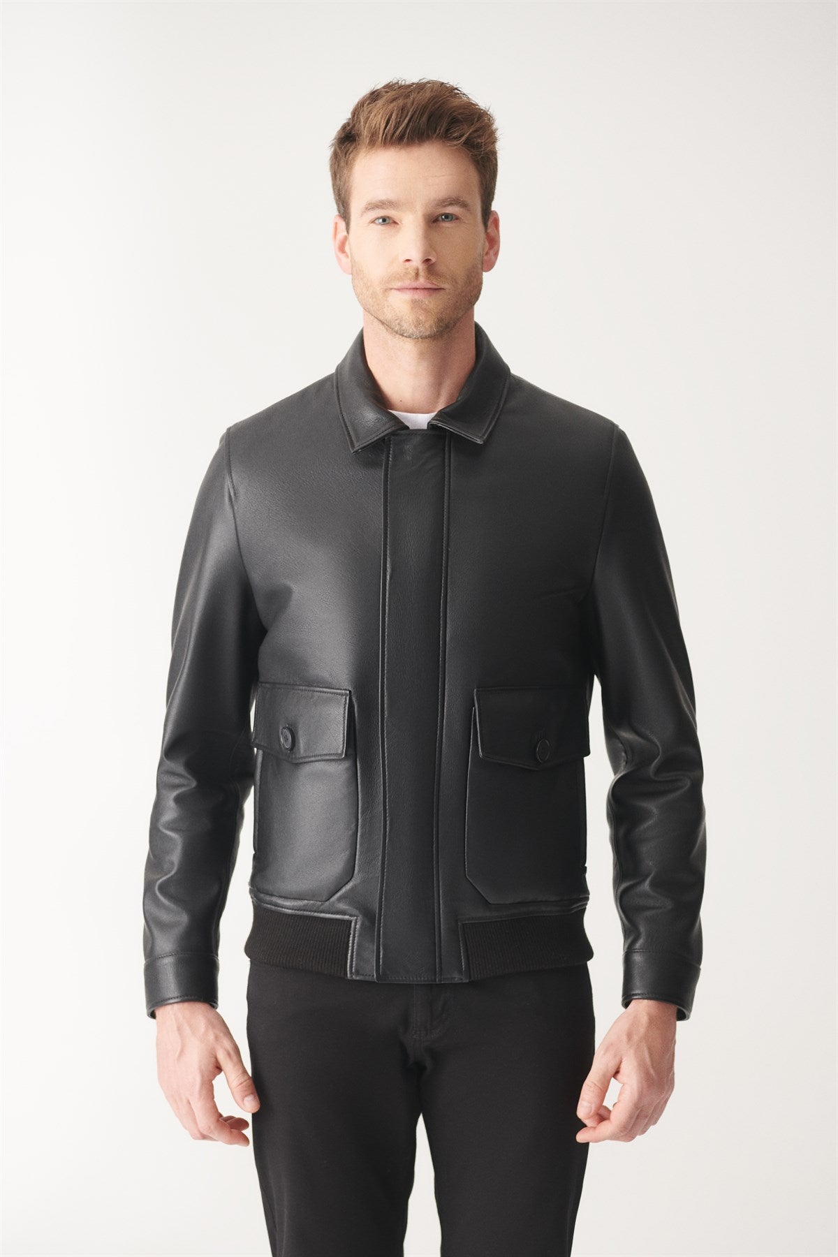 Black Bomber Leather Jacket for Men - Frozva