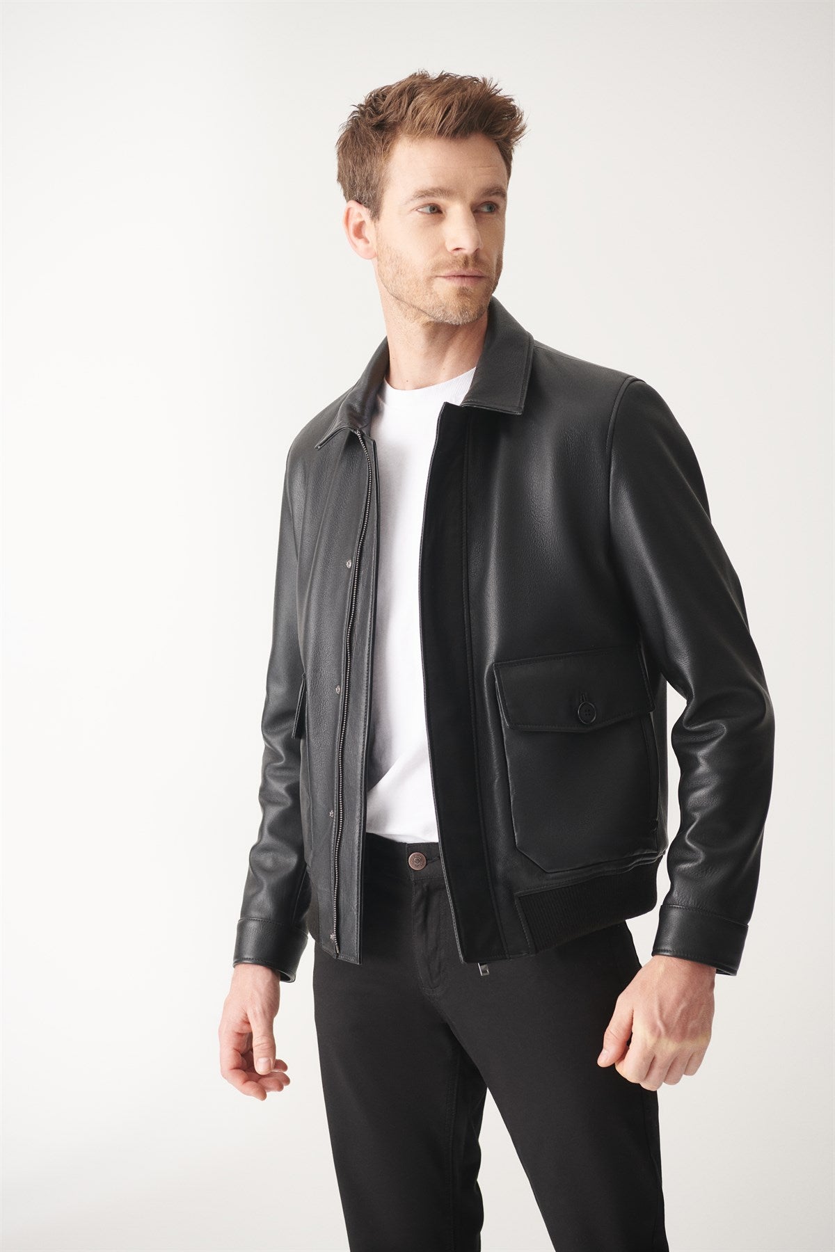 Black Bomber Leather Jacket for Men - Frozva