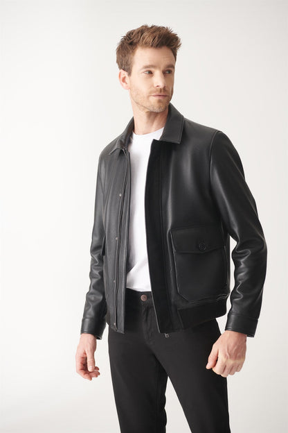 Black Bomber Leather Jacket for Men - Frozva