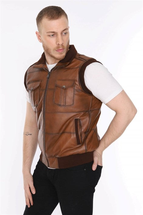 Men's Leather Vest Elastic Waist Tan Color