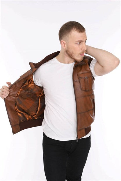 Men's Leather Vest Elastic Waist Tan Color